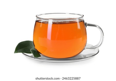 Aromatic tea in glass cup and green leaves isolated on white - Powered by Shutterstock