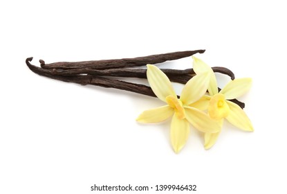 Aromatic vanilla sticks and flowers on white background