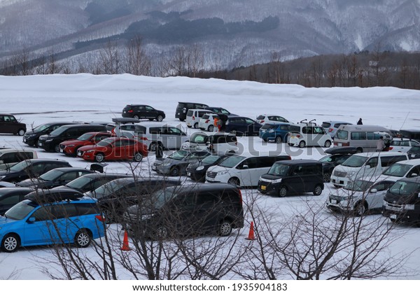 AROMORI-JAPAN-FEBRUARY 16 : View of\
the car park in winter season of Japan, February 16, 2019, Aromori\
Japan