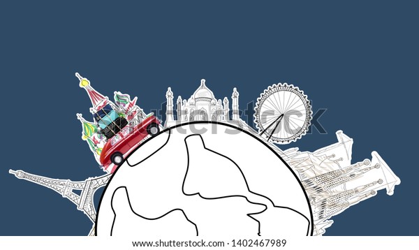 Around the world. Red retro\
toy car with travel cases driving by famous monuments on cartoon\
planet.