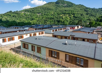 Arquata Del Tronto, Italia, July 7 ,2017: Prefabricated Houses Built After The Earthquake That Struck The Town Of Arquata Del Tronto On August 24, 2016 In Italy, Lazio. 