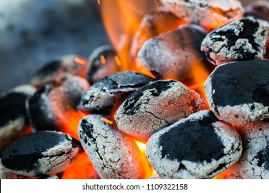 Arranged coals (selective focus) ready for barbecue
