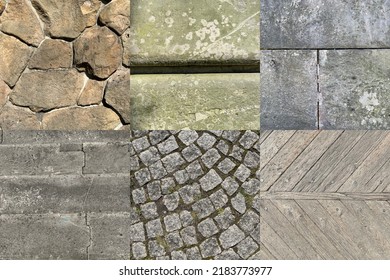 Arranged Photos In A Collage Of The Castle Surroundings - Cropped Stones, Boards, Road, Wall, Bridge, Stairs,