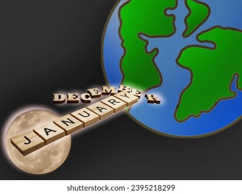 The arrangement of the black alphabet in a brown box and the arrangement of the brown alphabet with the background of the moon, black color and the drawing of the earth in blue and green. - Shutterstock ID 2395218299