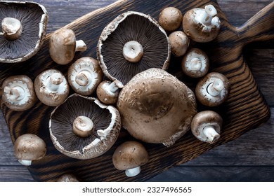 An arrangement of cremini and portobello mushrooms on a dark wooden board. - Powered by Shutterstock