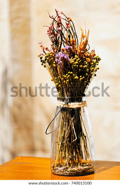 Arrangement Dry Flowers Glass Vase Against Stock Photo Edit Now