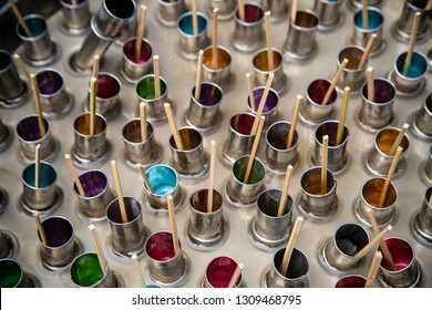 An Arrangement Of Handmade Frozen Traditional Thai Popsicle Made Of Fruit Juice, Iced Tea, Or Flavored Sugar Water In A Popsicle Maker At A Street Food Market In Thailand.