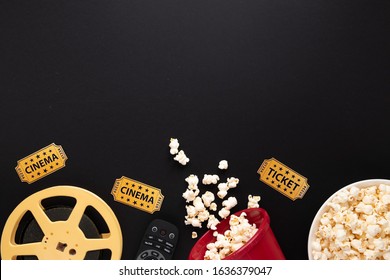 Arrangement Of Movie Elements On Black Background With Copy Space