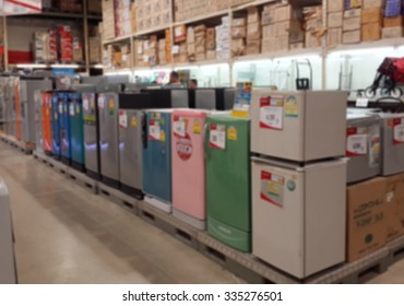 Arrangement Of Refrigerator Displayed In A Wholesale And Retail Hyper Market, Blurred