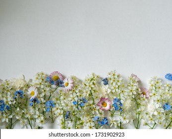 Arrangement with spring flowers for weddings or greeting cards bottom. Backdrop with copy space