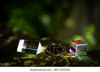 Arrangement of triangular prism pi coin and colorful cube on rough wood. Side lighting makes glass edges glow as green bokeh and shadows create a thoughtful science themed still life.