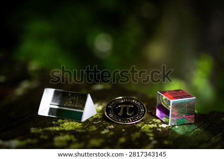 Arrangement of triangular prism pi coin and colorful cube on rough wood. Side lighting makes glass edges glow as green bokeh and shadows create a thoughtful science themed still life.