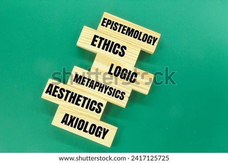arrangement of wood with the words Outline of philosophy ie Epistemology, Ethics, Logic, Metaphysics, Aesthetics, Axiology