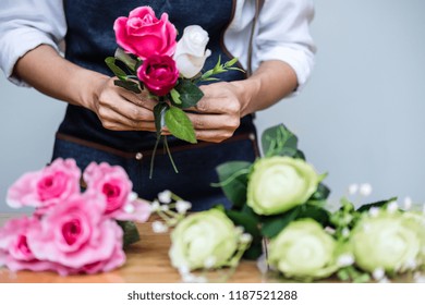 Arranging Artificial Flowers Vest Decoration At Home, Young Woman Florist Work Making Organizing Diy Artificial Flower, Craft And Hand Made Concept.