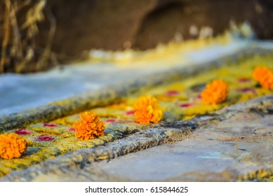  Arrangment From Marigold Flowers  For Holy Temple Hindu In India