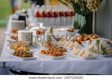 An array of appetizing foods displayed on a catering table, including sandwiches, pastries, and fresh fruits, arranged neatly with drinks in the background.