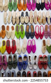 An array of colourful, handmade slippers in Morocco. - Shutterstock ID 2254855753