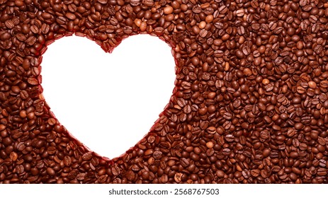 An array of dark roasted coffee beans neatly arranged with a heart-shaped cutout at the center leaving a white space. The image symbolizes love for coffee.