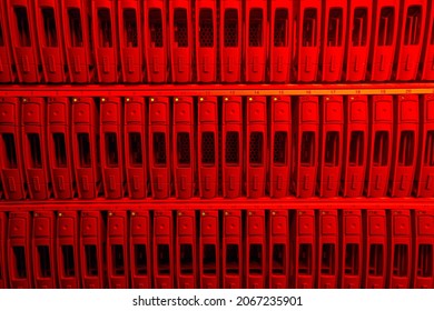 Array of data storage hard drives in internet data center