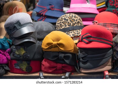 An array of different hats on display at Covent Garden Market
