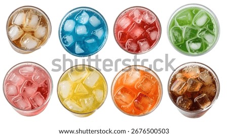 An array of eight vibrant drinks displayed in clear glasses filled with ice cubes, showcasing a variety of colors and flavors that promise refreshment and fun.