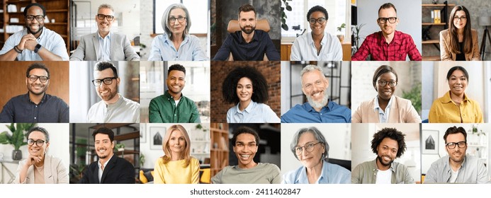 An array of engaging portraits depicts men and women of different ages and backgrounds, each with a warm smile and relaxed demeanor, set against the backdrop of various professional environments - Powered by Shutterstock