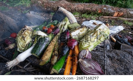An array of fresh vegetables including cabbage, leeks, zucchini, carrots, red onions, and tomatoes, grilling over an open fire outdoors with smoke rising, evoking a rustic cooking experience.