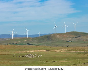 An array of large wind turbines moving to create kinetic energy for renewable energy supply on a sunny day located southeast of Lake George and north of Bungendore in New South Wales, Australia 