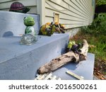 An array of lawn ornaments scattered across a stoop. There are a mix of turtles and frogs, some are colorful, and some have the reptiles climbing along a log.