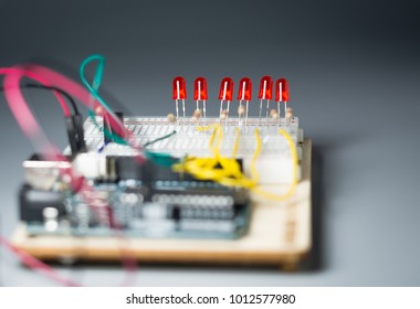 Array of LEDs on breadbord connected to a microcontroller