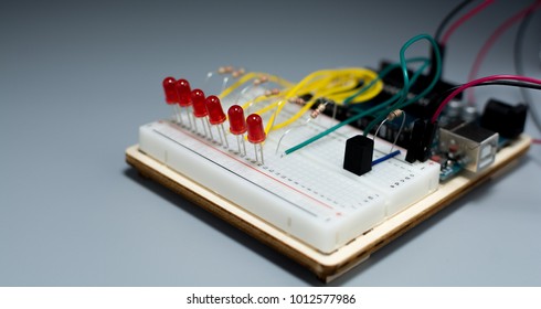 Array of LEDs on breadbord connected to a microcontroller
