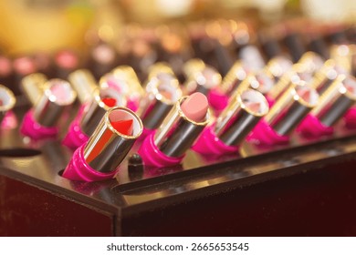 Array of lipstick sticks in various shades housed in golden casings for sale. Cosmetic store