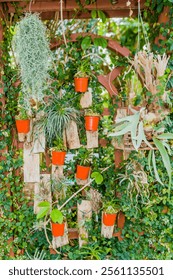 An array of potted plants hanging on a lattice wall surrounded by greenery.