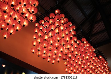 The array of red light lamps on the ceiling