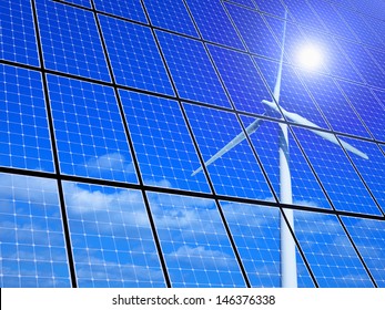 Array Of Solar Panels With Wind Turbine Reflection 