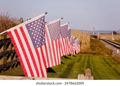 An array of United States flags displayed along a fence in a rural setting