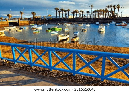 Arrecife Lanzarote lagoon with boats . Moored fishing wooden boats Foto stock © 