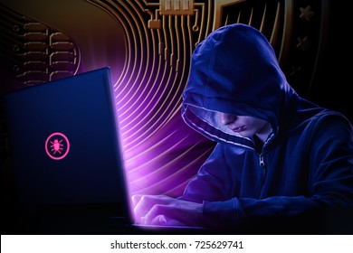 Arrested Computer Hacker And Cyber Criminal With Handcuffs Wearing Hooded Jacket Hiding Face, On Network Background With Worms And Virus Concept.