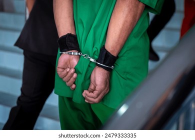 Arrested male criminal in prison uniform and handcuffs is brought by a Police officer to the Law and Justice Court for trial.