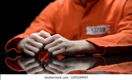 Arrested Person Hands Closeup, Prisoner Talking To Lawyer During Interrogation