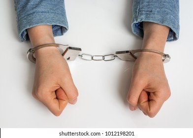 Arrested Woman With Handcuffs In Police Station