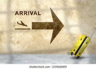 Arrival Airport Sign With Airplane Icon, Arrow And Moving Luggage. Passenger Rolling Luggage In Motion. Traveling Concept, Traveler Walking With Suitcase And Follow Arrival Sign In Airport