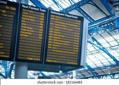 Arrivals Departure Board, Airport & Train Station In King Cross, London, England, UK 