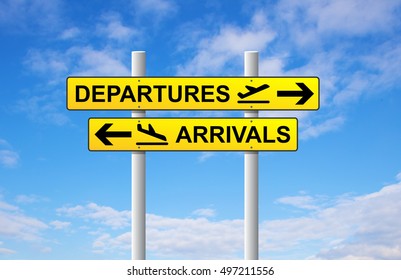 Arrivals and departures airport direction sign on blue sky