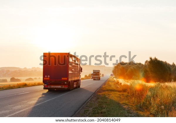 Arriving\
truck on the road in a rural landscape at\
sunset