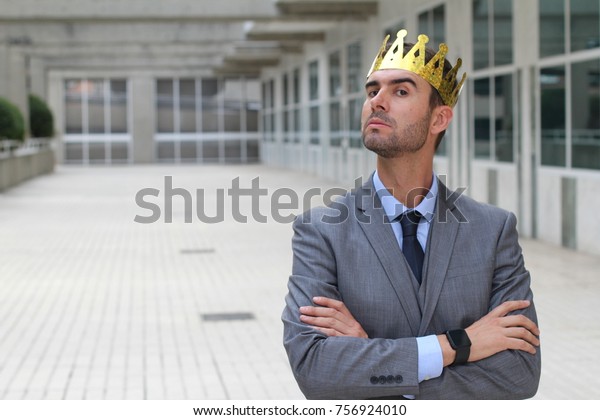 Arrogant\
businessman with a crown in office\
space