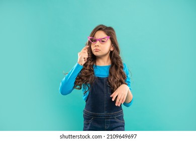 Arrogant Child With Curly Hair Hold Party Accessory Of Glasses, Party Time