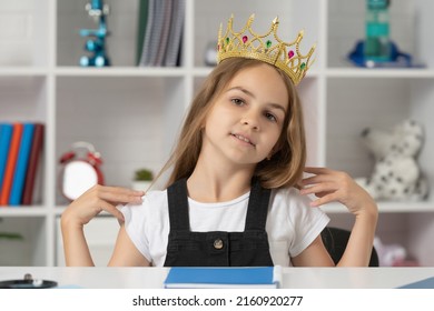 Arrogant Child In Queen Crown At School Classroom