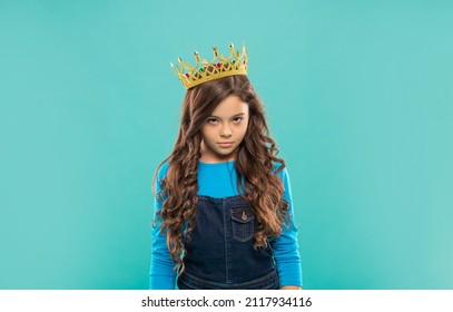 Arrogant Princess In Tiara. Proud Kid With Curly Hair. Egoistic Teen Girl Wear Diadem.