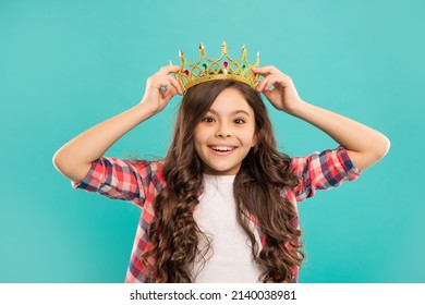 Arrogant Princess In Tiara. Proud Kid With Curly Hair. Egoistic Teen Girl Wear Diadem.